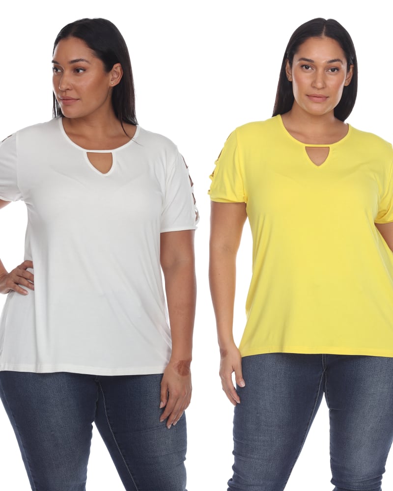 Front of a model wearing a size 2X Essential 2 Pack White Keyhole Neck Top in White Yellow by White Mark. | dia_product_style_image_id:249880